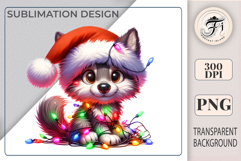 Cute Christmas wolf cub clipart in Santa hat with lights. High-res PNG for cards, stickers, sublimation and holiday crafts.