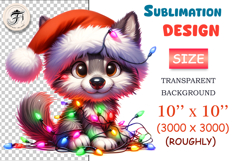Cute Christmas wolf cub clipart in Santa hat with lights. High-res PNG for cards, stickers, sublimation and holiday crafts.