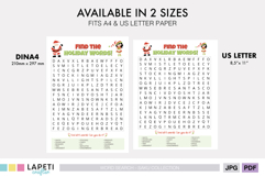 Holiday word search worksheet in A4 and US Letter