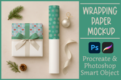 Gift box and wrapping paper roll mockup for surface pattern designs. Files for Procreate and Photoshop