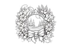 Festive Christmas Wreath Coloring Page. Christmas Wreath PNG Product Image 2