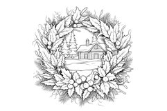 Festive Christmas Wreath Coloring Page. Christmas Wreath PNG Product Image 2