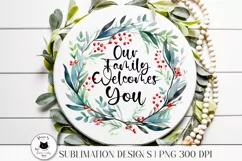 watercolor winter wreath with a phrase shown on a round sign