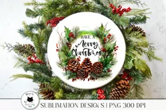 christmas pine cone wreath shown on round sign