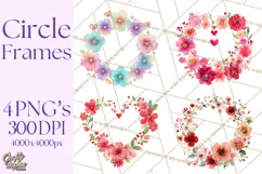 Watercolor Floral Wreaths Circles Clipart, Heart Accents Png Product Image 1