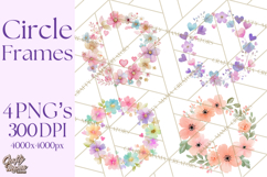 Watercolor Floral Wreaths Circles Clipart, Heart Accents Png Product Image 1