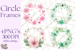 Watercolor Floral Wreaths Circles Clipart, Heart Accents Png Product Image 1