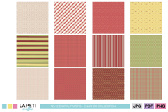 Collection of Christmas digital backgrounds featuring stripes, dots, and plaid in warm red and green hues.