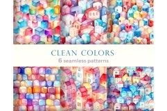 Watercolor seamless patterns with cute colorful houses, cube Product Image 1