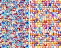 Watercolor seamless patterns with cute colorful houses, cube Product Image 4