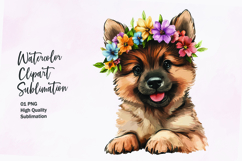 Cute puppy with flowers head watercolor clipart sublimation Product Image 1