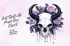 Goat skull with purple roses watercolor clipart Product Image 1