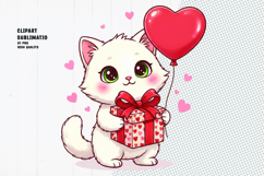 Cute Cat With Gift &amp; Heart Balloon Clipart Sublimation PNG Product Image 1
