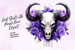 Goat skull with purple roses watercolor clipart Product Image 1