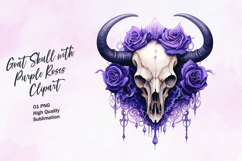 Goat skull with purple roses watercolor clipart Product Image 1