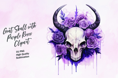 Goat skull with purple roses watercolor clipart Product Image 1