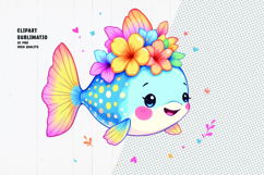 Cute fish, crown flower, watercolor clipart Product Image 1