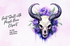 Goat skull with purple roses watercolor clipart Product Image 1