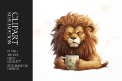 Watercolor Grumpy lion hold coffee cup clipart sublimation Product Image 1
