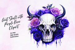 Goat skull with purple roses watercolor clipart Product Image 1