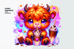 Cute Highland Cow with Milkshake | Kawaii Coffee Sublimation Product Image 1