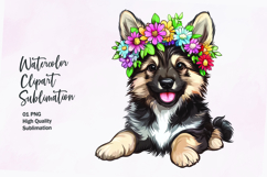 Cute puppy with flowers head watercolor clipart sublimation Product Image 1