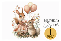 Cute Birthday Bunny & Squirrel Clipart PNG for Invitations Product Image 1
