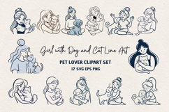 Girl with Dog and Cat Line Art SVG Bundle |Pet Lover Clipart Product Image 1
