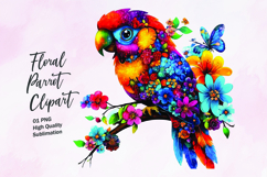 Parrot with floral pattern watercolor clipart PNG Product Image 1