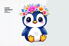 Cute penguin, floral crown, watercolor clipart Product Image 1