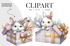 Bunny in Gift Box Watercolor Clipart Product Image 1