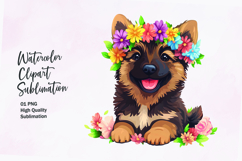 Cute puppy with flowers head watercolor clipart sublimation Product Image 1
