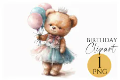 Princess Teddy Bear Birthday Clipart PNG for Cards & Decor Product Image 1