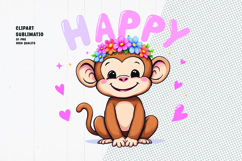 Cute monkey, crown flower, watercolor clipart Product Image 1