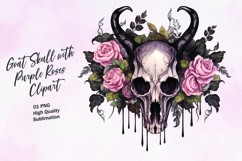 Goat skull with purple roses watercolor clipart Product Image 1