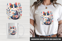 Folk Art Cat in Blue Tones Clipart Sublimation PNG Product Image 1