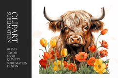 Floral highland cow watercolor clipart sublimation Product Image 1