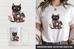 Black Cat with Vibrant Blossoms Clipart Sublimation PNG Product Image 1