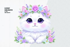 White Kitten With Flower Crown Clipart Sublimation PNG Product Image 1