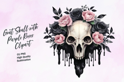 Goat skull with purple roses watercolor clipart Product Image 1