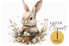 Cute Easter Bunny Clipart with Floral Basket PNG Product Image 1