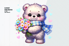 Cute Teddy Bear With Floral Bouquet Sublimation Clipart PNG Product Image 1