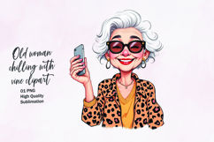 Old woman chilling with wine watercolor clipart sublimation Product Image 1