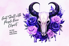 Goat skull with purple roses watercolor clipart Product Image 1