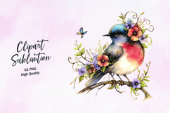Watercolor Bird with Pink Flowers Clipart Product Image 1