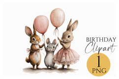 Cute Bunny and Mouse with Balloons Birthday Clipart PNG Art Product Image 1