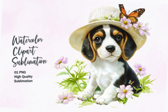Cute puppy with flowers head watercolor clipart sublimation Product Image 1