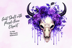 Goat skull with purple roses watercolor clipart Product Image 1