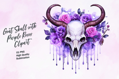 Goat skull with purple roses watercolor clipart Product Image 1