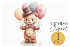 Cute Teddy Bear Birthday Balloon Clipart PNG for Decorations Product Image 1